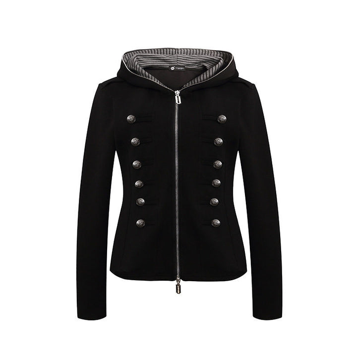 Damen taillierte Kapuzen‑Sweatjacke mit dekorischer Doppelreihe und Metallknöpfen Drune