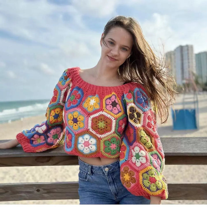 Damen lässiger, handgefertigter Pullover mit floralen Häkelmotiven Drune