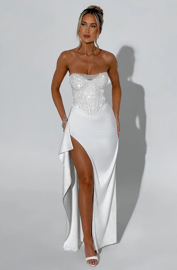 Damen Elegantes Abendkleid mit schimmerndem Oberteil und hohem Schlitz Drune
