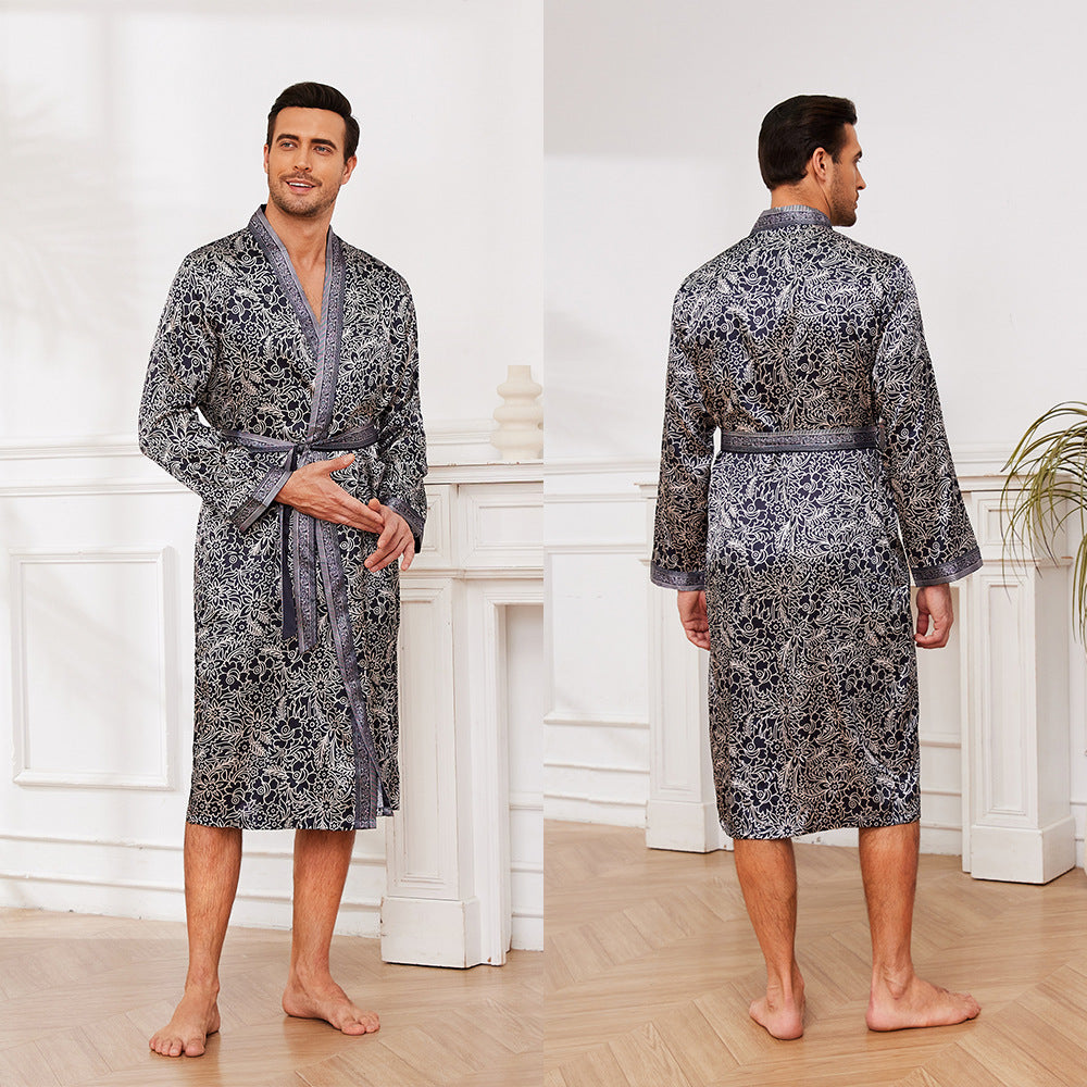 Herren Satin Morgenmantel mit auffälligem Muster und Taillengürtel Drune