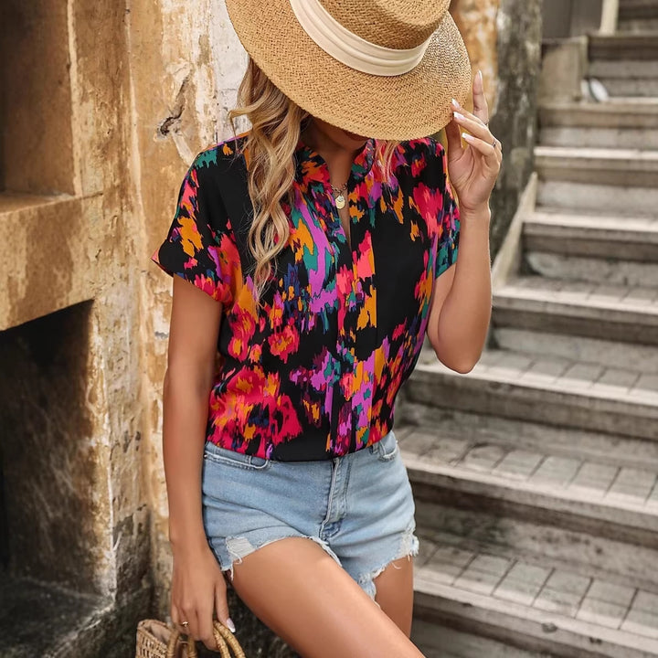 Damen Leichte Oversize Tunika‑Bluse mit Stehkragen, Cap‑Ärmeln und großem Blumenprint Drune