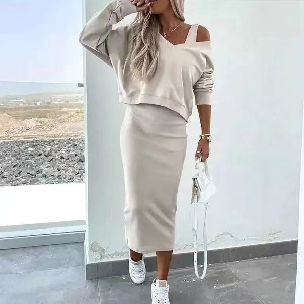 Damen Zweiteiliges Lässig-Chic Lounge-Set mit asymmetrischem Off-Shoulder Sweatshirt und figurbetontem Midi-Rock Drune