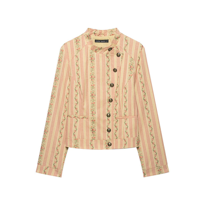 Damen Kurze Blousonjacke im Vintage‑Streifenmuster mit asymmetrischer Knopfleiste Drune