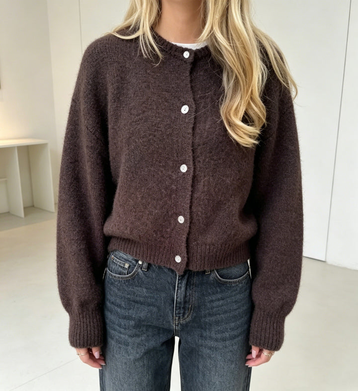 Damen Kuschelige Mohair-Optik Strickjacke mit Rundhals und Ballonärmeln Drune