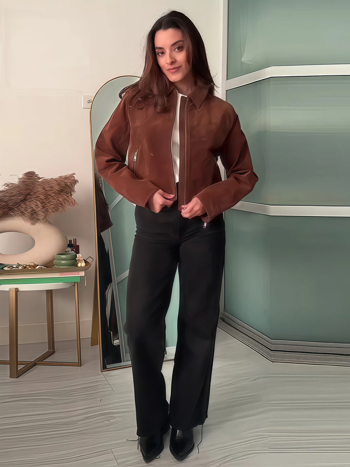 Damen modische kurz geschnittene Lederjacke mit geschmeidiger Textur Drune