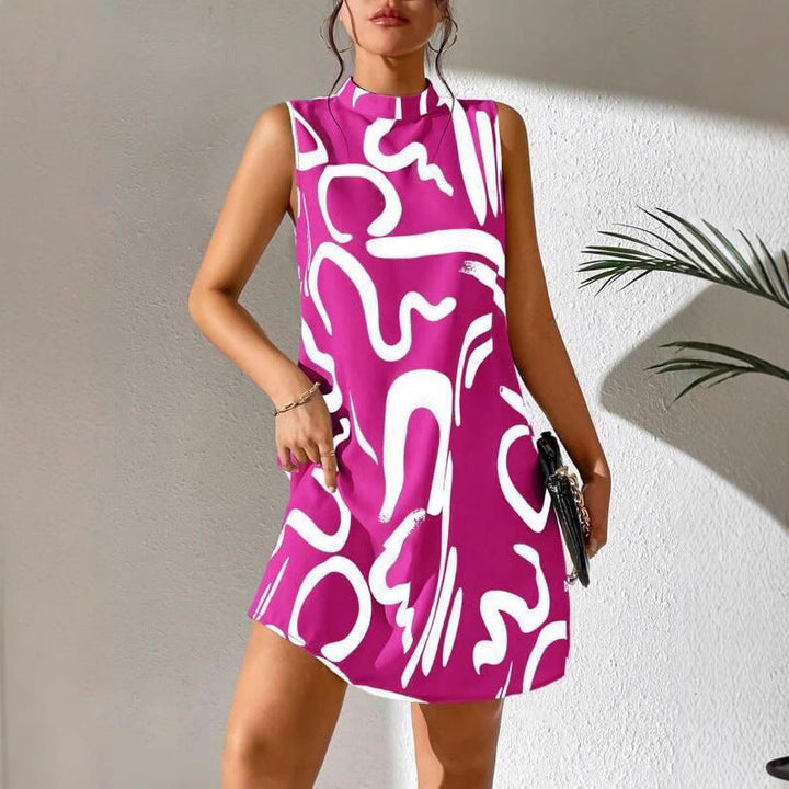 Damen A-linien Minikleid mit modernem grafischem Muster und Stehkragen Drune