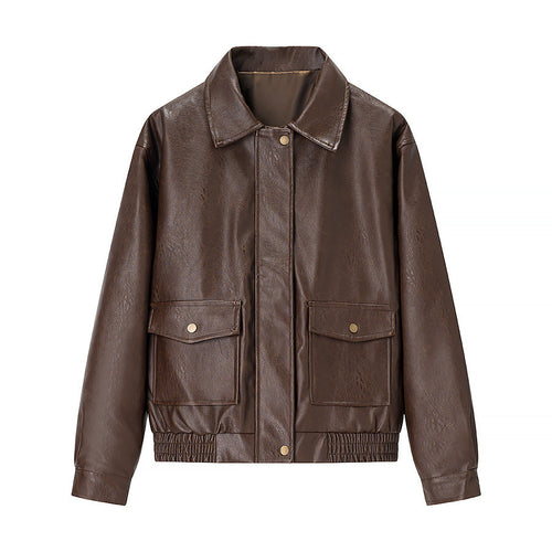 Damen nan kastige Kunstleder‑Fliegerjacke mit Hemdkragen, aufgesetzten Pattentaschen und elastischem Saum Drune