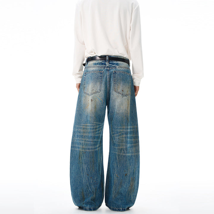 Herren Ultraweite Denim-Baggyhose im Vintage-Look mit Farbpatina und tiefem Schritt Drune