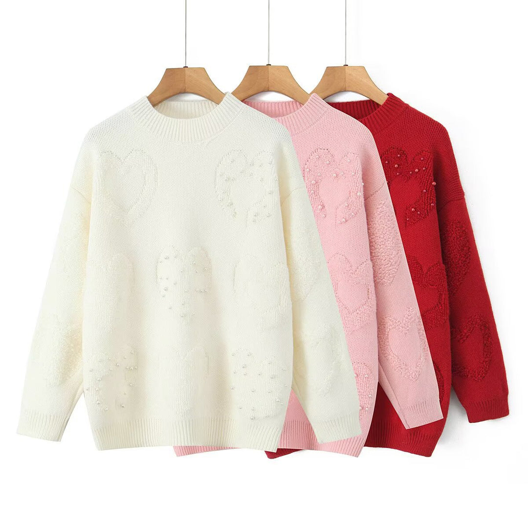 Damen Gemütlicher Strickpullover mit Herzmotiven Drune