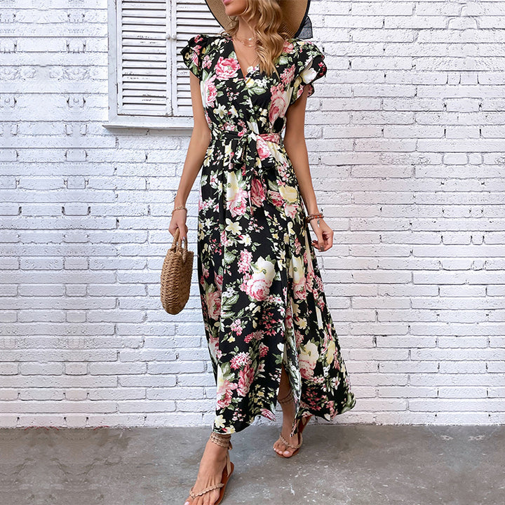 Damen Maxikleid mit floralen Mustern, Schlitz und taillierbarem Gürtel Drune