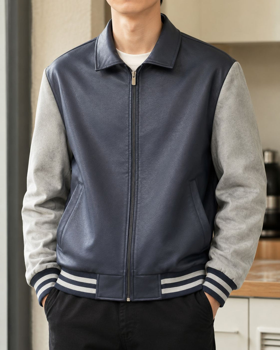 Herren Modische Bomberjacke aus Kunstleder Drune