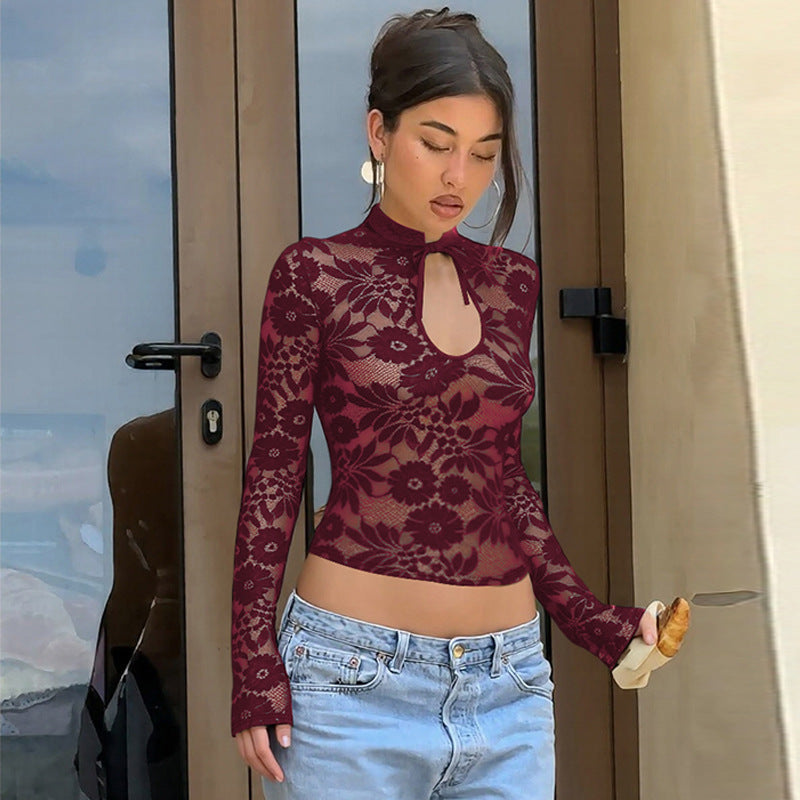 Damen Elegantes Spitzenoberteil mit hochgeschlossenem Design und floralem Muster Drune