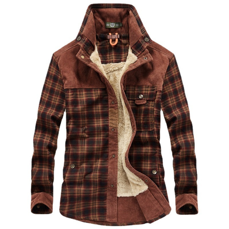 Herren karierte Thermo‑Hemdjacke mit Teddyfutter und Cord‑Schulterpasse Drune
