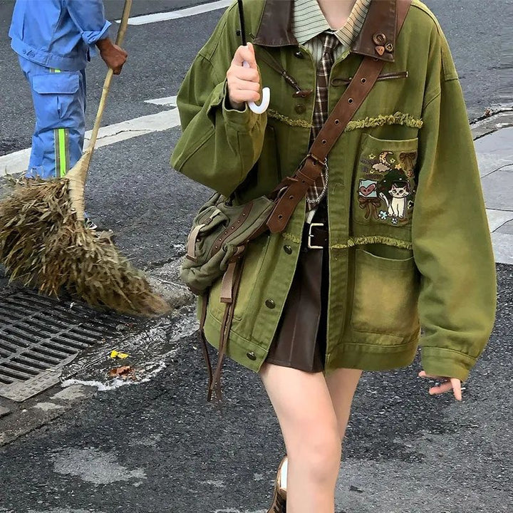 Damen lässige Denimjacke mit einzigartigen Stickmustern Drune
