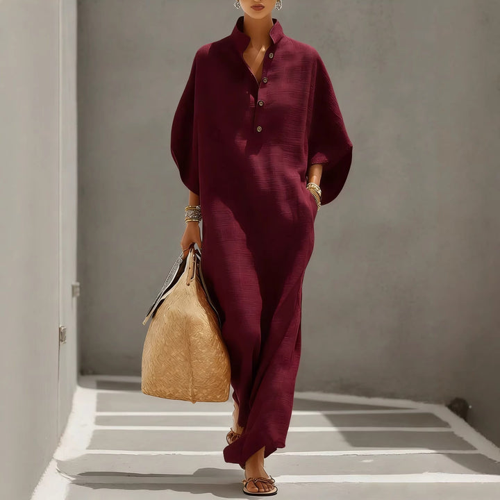Damen Weites Kaftan-Midikleid mit Stehkragen und 3-Knopf-Blende Drune