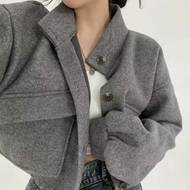 Damen Kurze Oversize-Wolloptik-Jacke mit Stehkragen und Ballonärmeln Drune