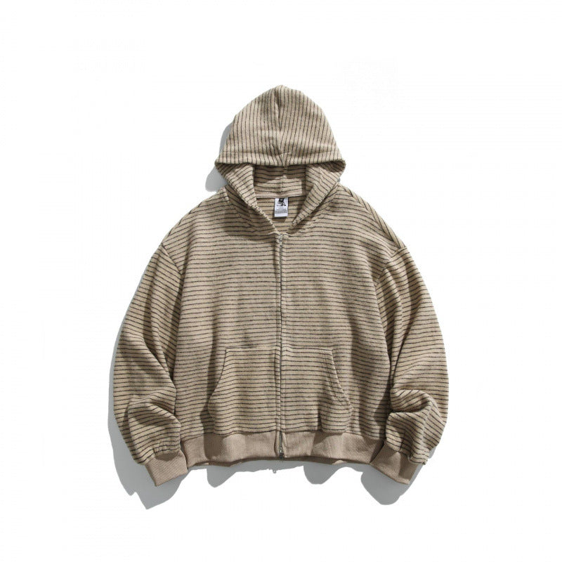 Unisex Boxy Kapuzen-Sweatjacke mit durchgehendem Reißverschluss, Streifenstruktur und geripptem Saum Drune