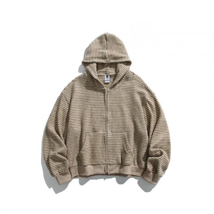 Unisex Boxy Kapuzen-Sweatjacke mit durchgehendem Reißverschluss, Streifenstruktur und geripptem Saum Drune
