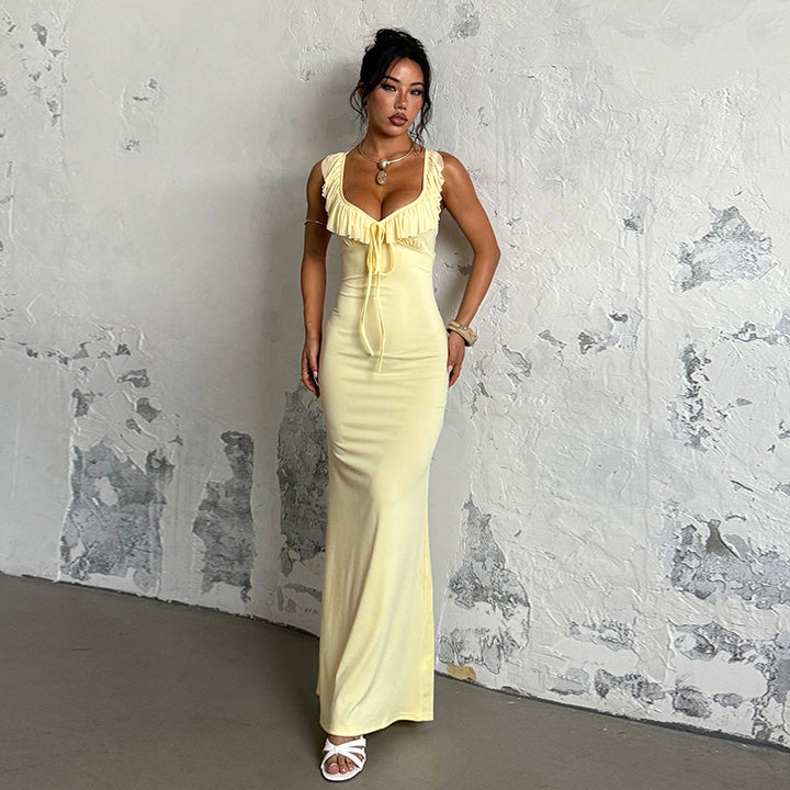 Damen figurbetontes Maxikleid mit Rüschendetails und tiefem Ausschnitt Drune