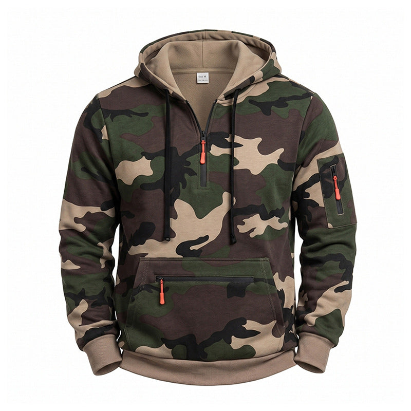 Herren Kapuzenpullover Camouflage mit Fleecefutter, Halbzip und Reißverschlusstaschen Drune