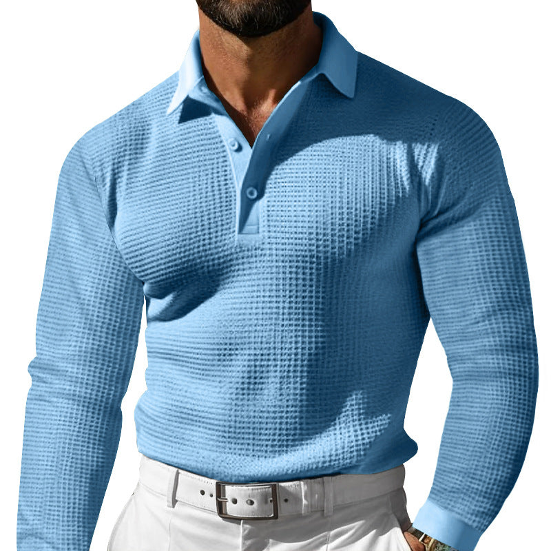 Herren Waffelstruktur-Poloshirt mit Langarm, Slim-Fit und Kentkragen Drune