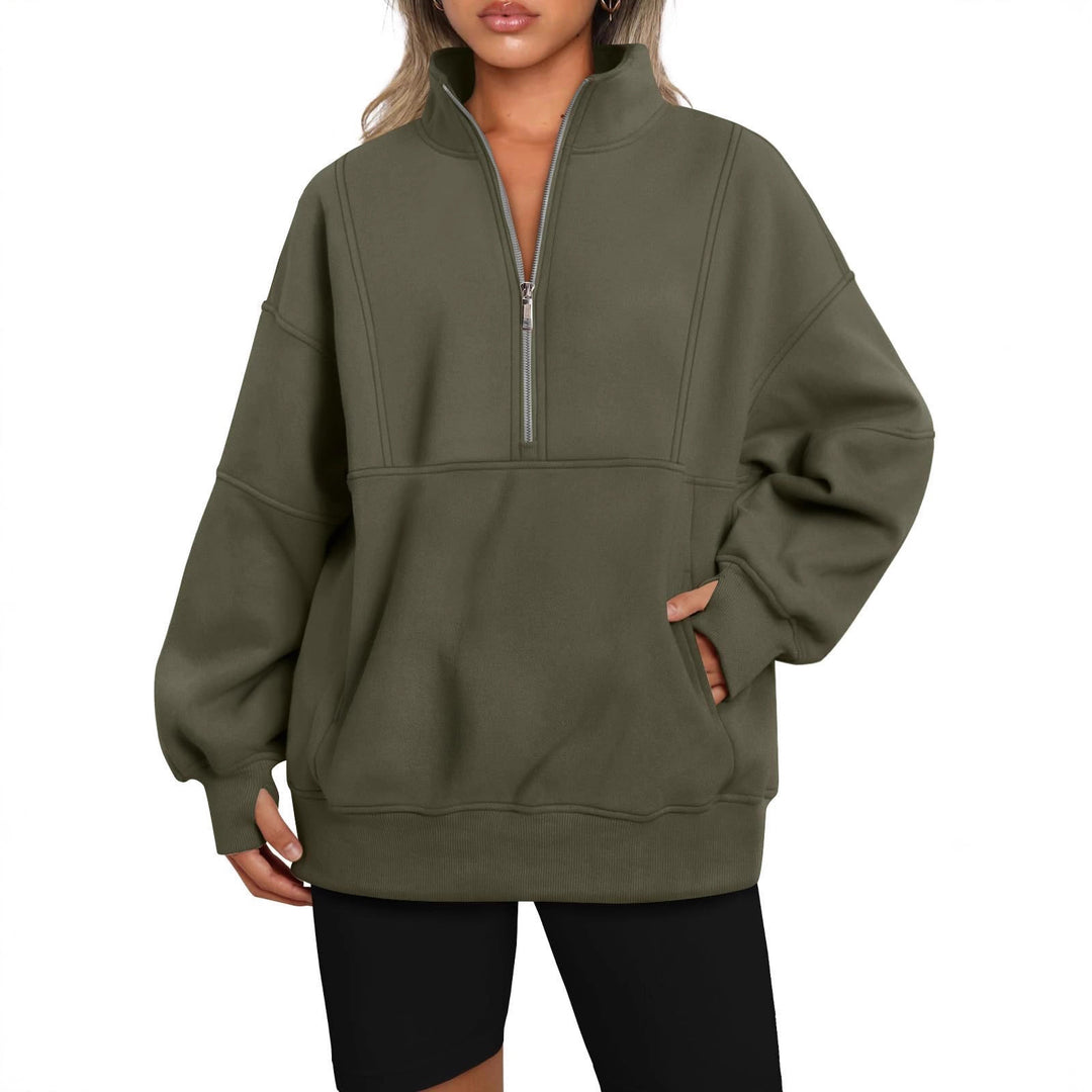 Damen Oversize-Sweatshirt mit halbem Reißverschluss, Stehkragen und Kängurutasche Drune