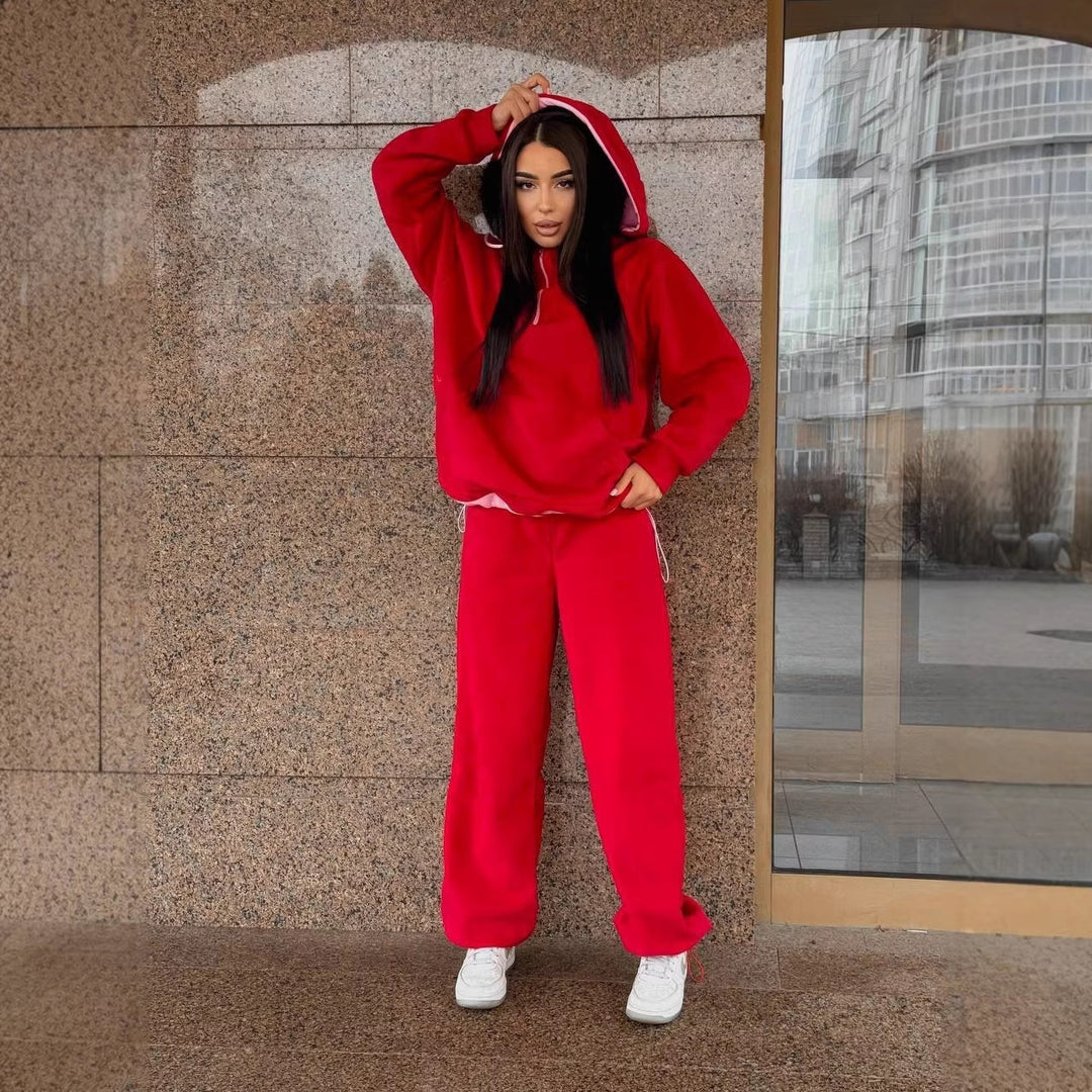 Damen Fleece-Loungewear-Set mit halbem Frontzip, gefütterter Kapuze und hochgeschnittener Komforthose Drune