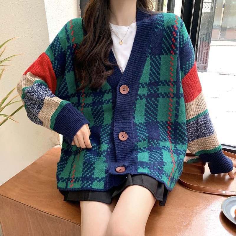 Damen Grobstrick-Cardigan mit buntem Karomuster und großen Holzknöpfen Drune