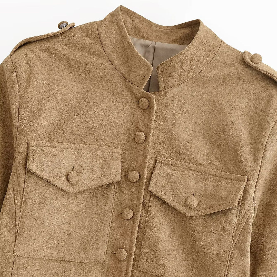 Damen Taillierte Safarijacke aus Wildlederoptik mit Stehkragen und Zierknöpfen Drune
