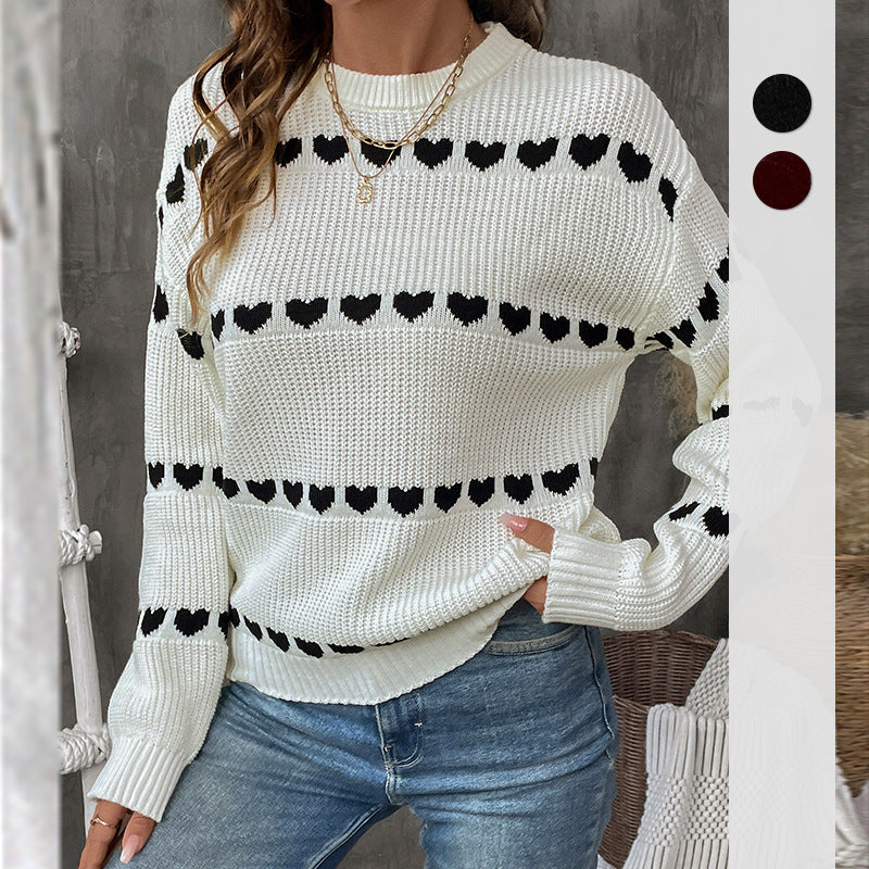 Damen Strickpullover mit Herz-Jacquard, Oversize-Rundhals & Rippbündchen Drune