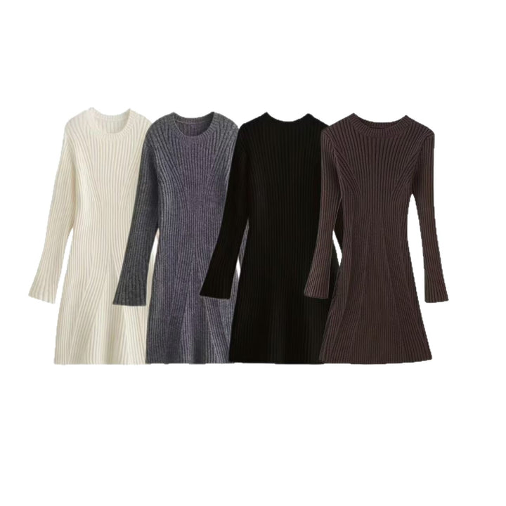 Damen Geripptes Strickkleid mit ausgestellter A‑Linie und weiten Manschetten Drune