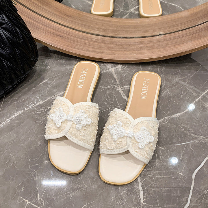 Damen nan elegante Mule mit quadratischer Zehenpartie Bouclé-Obermaterial und Perlenverzierung Drune