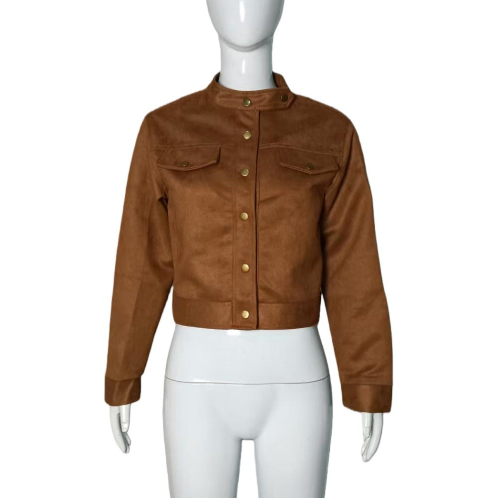 Damen Kurzjacke aus Wildlederoptik mit Stehkragen und Druckknöpfen Drune