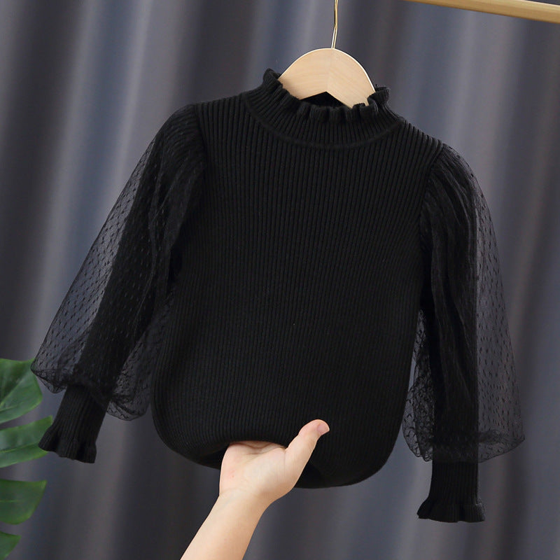 Mädchen elegantes Pullover mit transparenter Spitzenärmel Drune