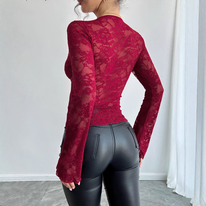 Damen nan tailliertes Spitzen-Langarmoberteil mit geschwungenem V-Ausschnitt, floraler Transparenz und ausgestellten Manschetten Drune