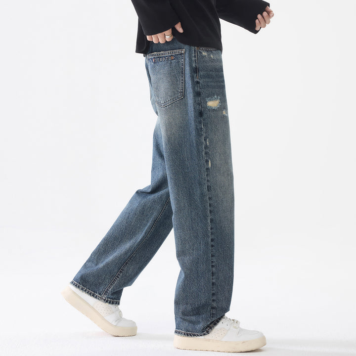 Herren Weite Relaxed-Straight Jeans aus robustem Baumwoll-Denim mit Destroyed-Akzenten Drune