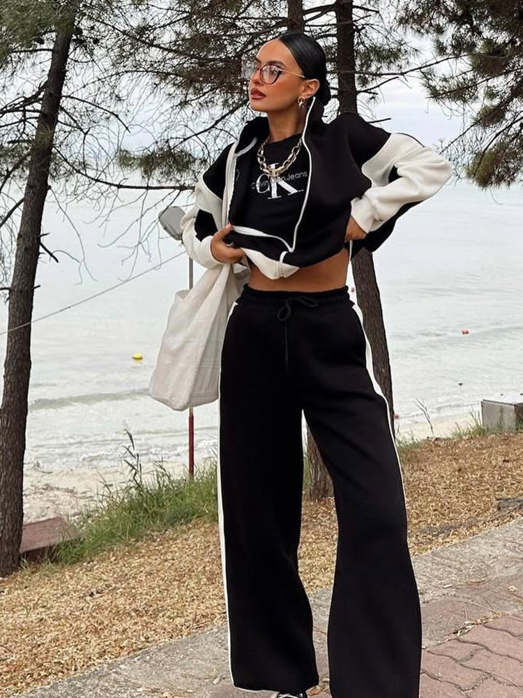 Damen Mehrteiliges Loungewear-Set mit Reißverschlussjacke und weiter Palazzohose Drune