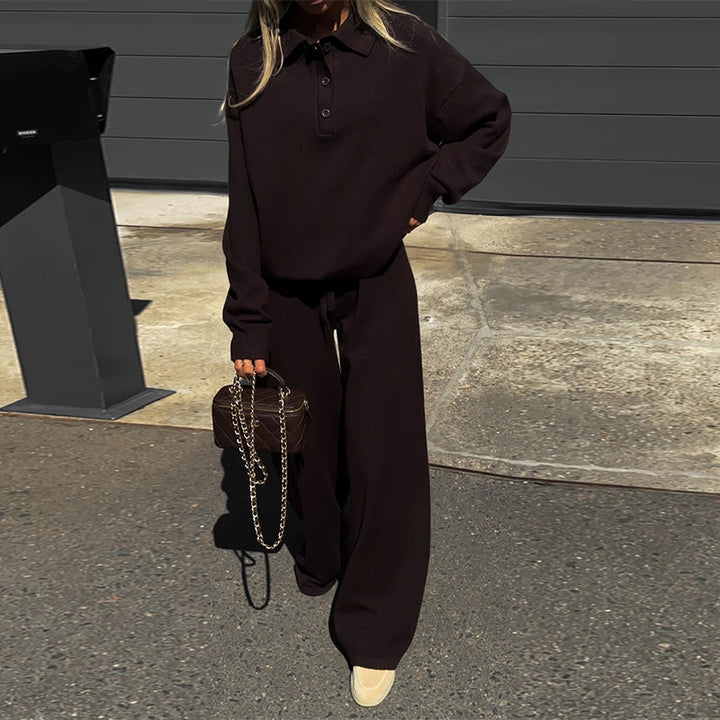 Damen Loungewear-Kombination mit lockerem Poloshirt und weitem Hosen Drune