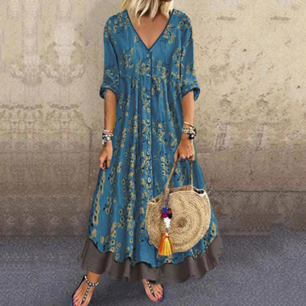 Damen Maxikleid im Boho‑Stil mit V‑Ausschnitt, durchgehender Knopfleiste und Stufenrock Drune