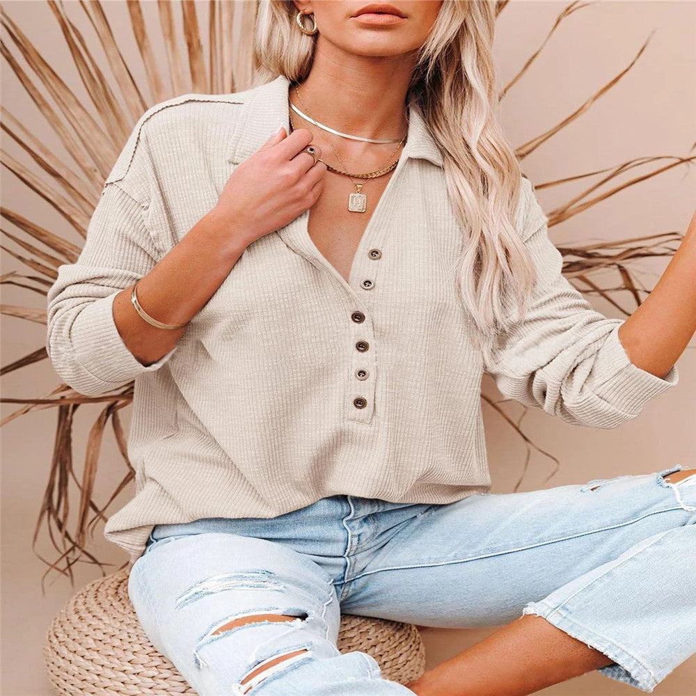 Damen nan lässiges Waffel-Polohemd mit Henley-Knopfleiste und überschnittener Schulter Drune