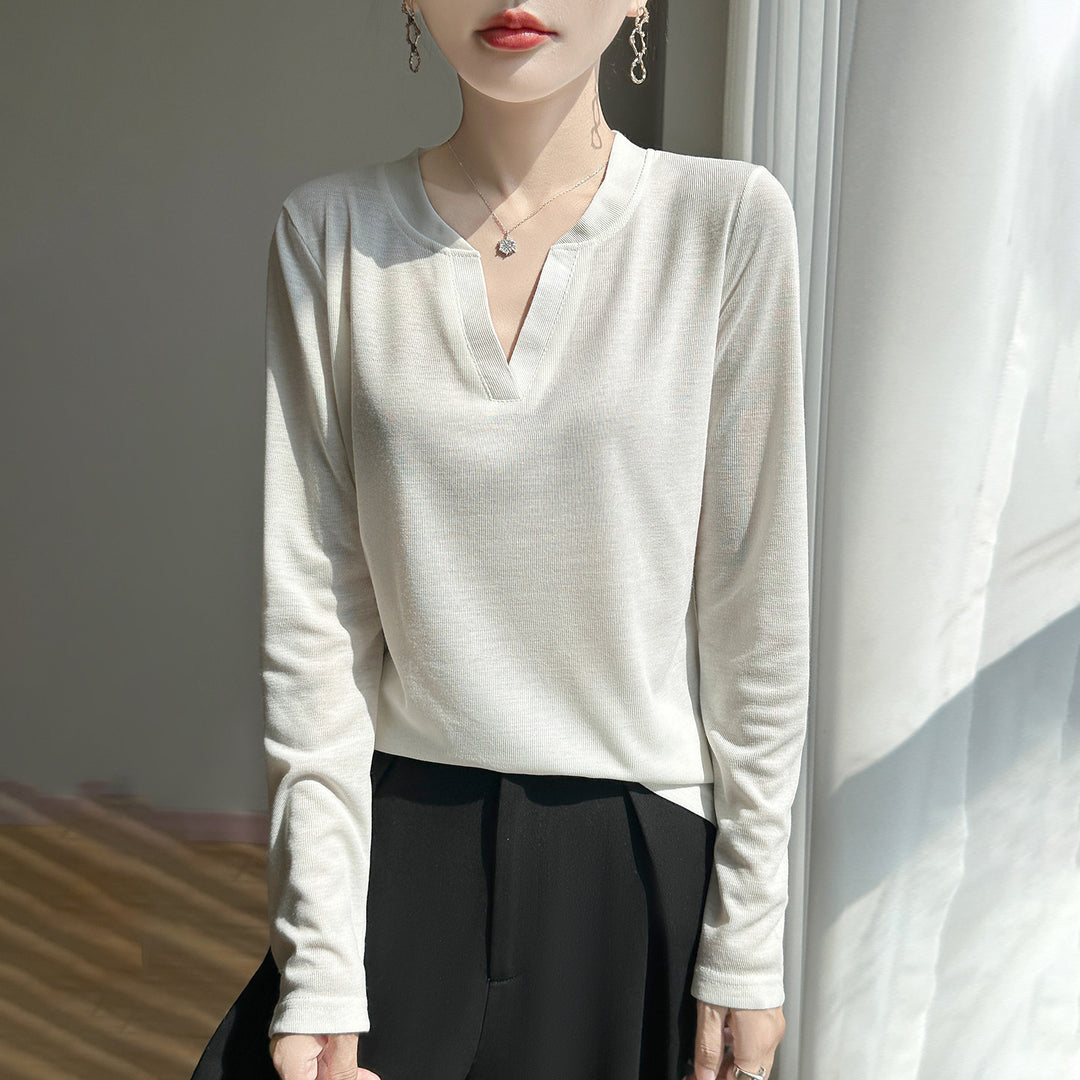 Damen Langärmliges Feinstrickshirt mit geschlitztem V-Kragen Drune