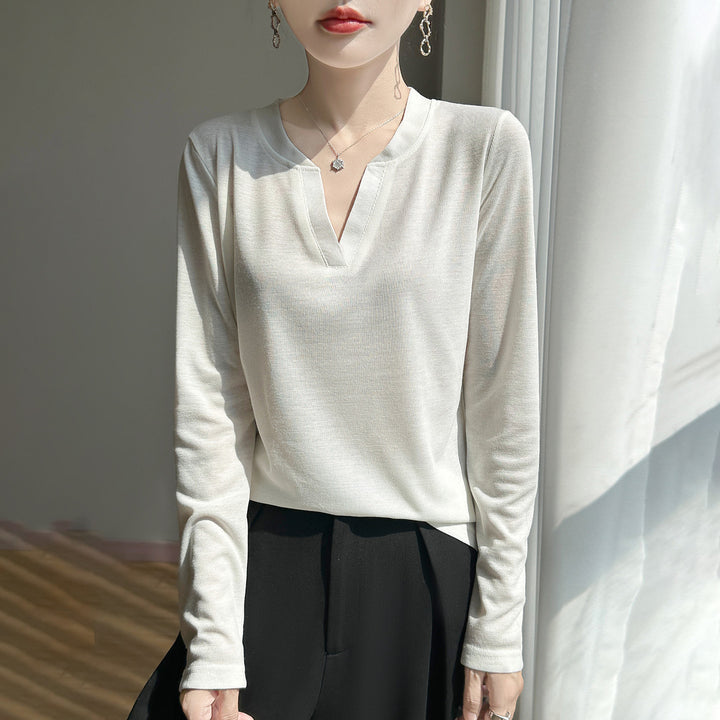 Damen Langärmliges Feinstrickshirt mit geschlitztem V-Kragen Drune