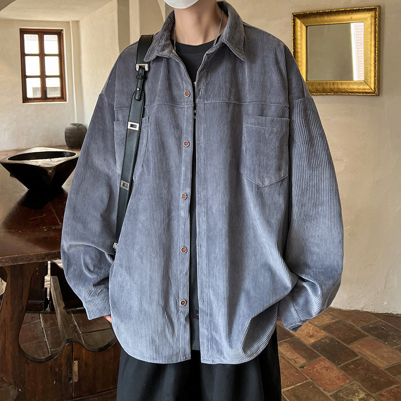 Herren nan oversized Kordhemdjacke mit aufgesetzten Brusttaschen, abgerundetem Saum und lockerer Silhouette Drune