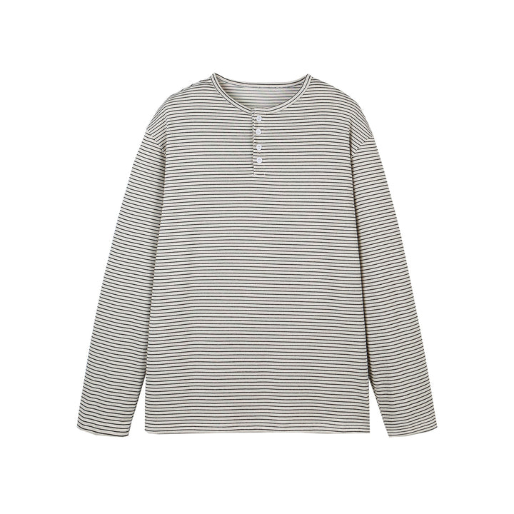 Unisex Gestreiftes Henley-Langarmshirt mit Knopfleiste und Oversize-Schnitt Drune