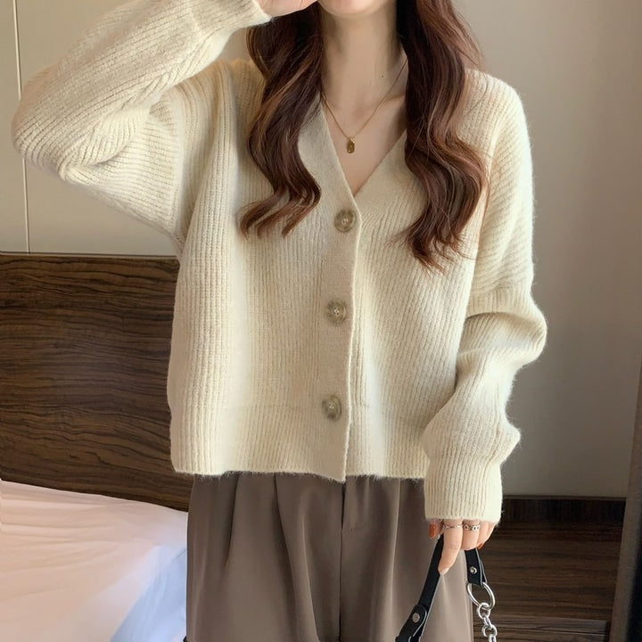 Damen lässige Strickjacke mit hochgeschlossenen Kragen und großen Knopfdetails Drune