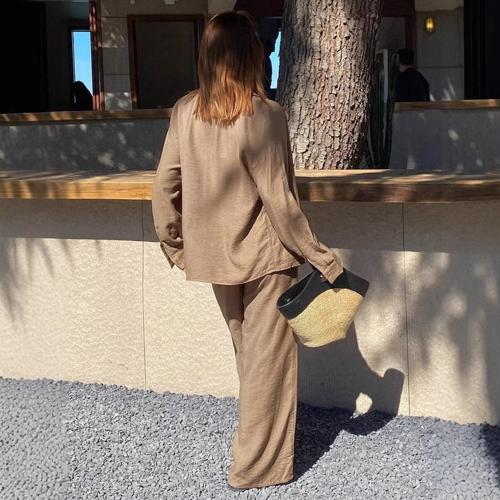 Damen nan entspanntes Leinen Lounge Set mit Oversize Hemd und Kordelbund Palazzohose Drune