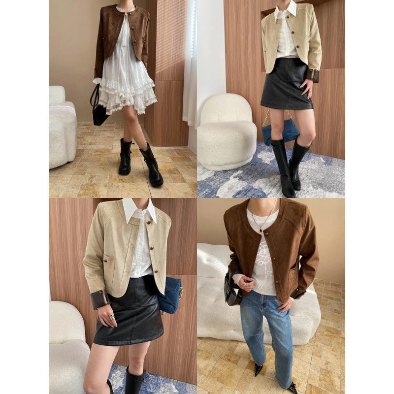 Damen elegante Wildlederjacke mit knopffreier Front und subtilen Taschen Drune