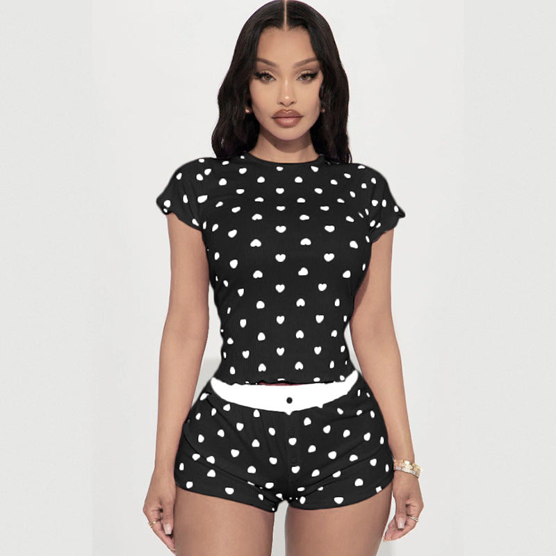 Damen Pyjama Set mit herzförmigem Muster und elastischem Bund Drune
