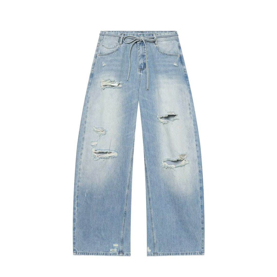 Damen Hochgeschnittene weite Denim-Jeans mit Destroyed-Details und Tunnelzug Drune