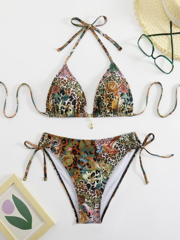 Damen Triangel-Bikini-Set mit floralem Leopardenmuster Drune